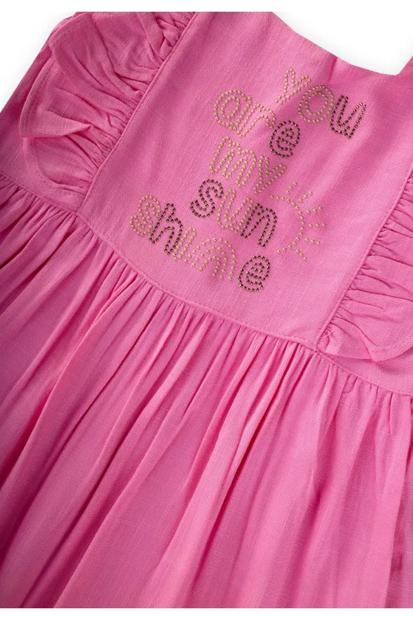 Square Neck Linen Dress with Rhinestone Embellishment, Ages 2-7, Pink