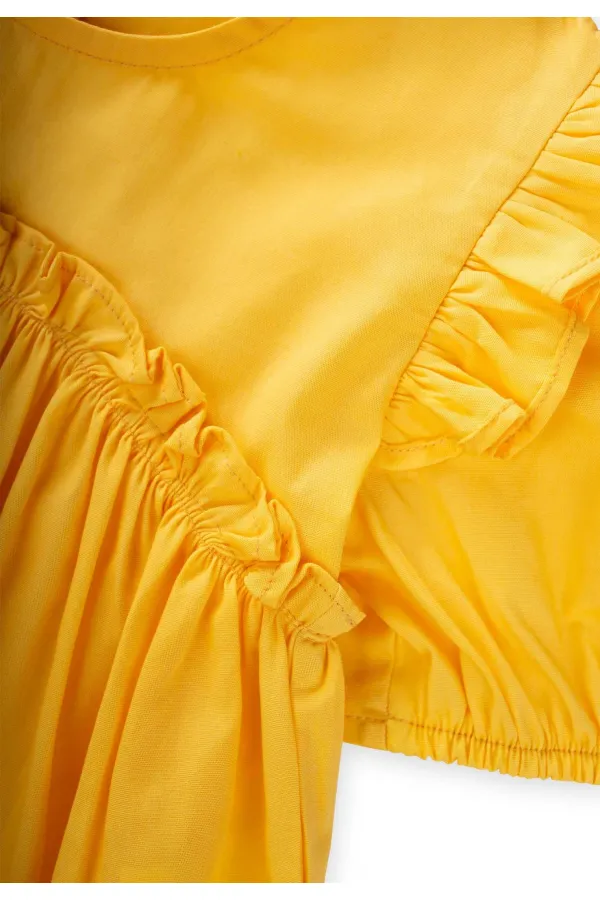 Robadan Fırfır Büzgülü Poplin Elbise 2-7 Yaş Sarı