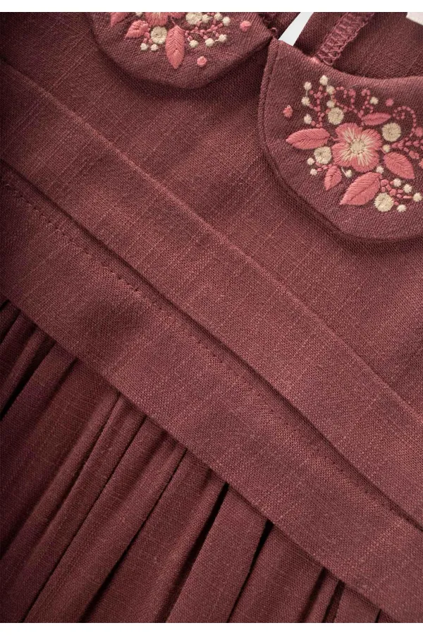 Bebe Yaka Nakışlı Keten Elbise 2-7 Yaş Mürdüm