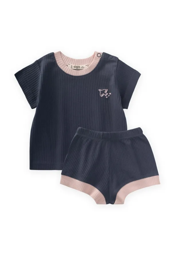 Bird Embroidered Garnished Corduroy Suit 0-5 Years Old Navy Blue