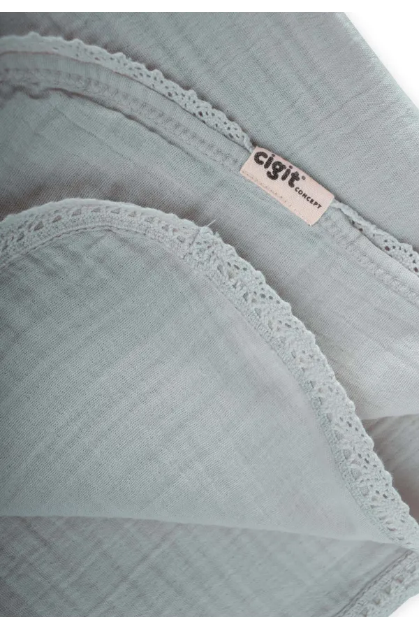 Dantel İşlemeli Tekkat Müslin Battaniye 100X100 cm +/- 3 cm Mint Yeşil