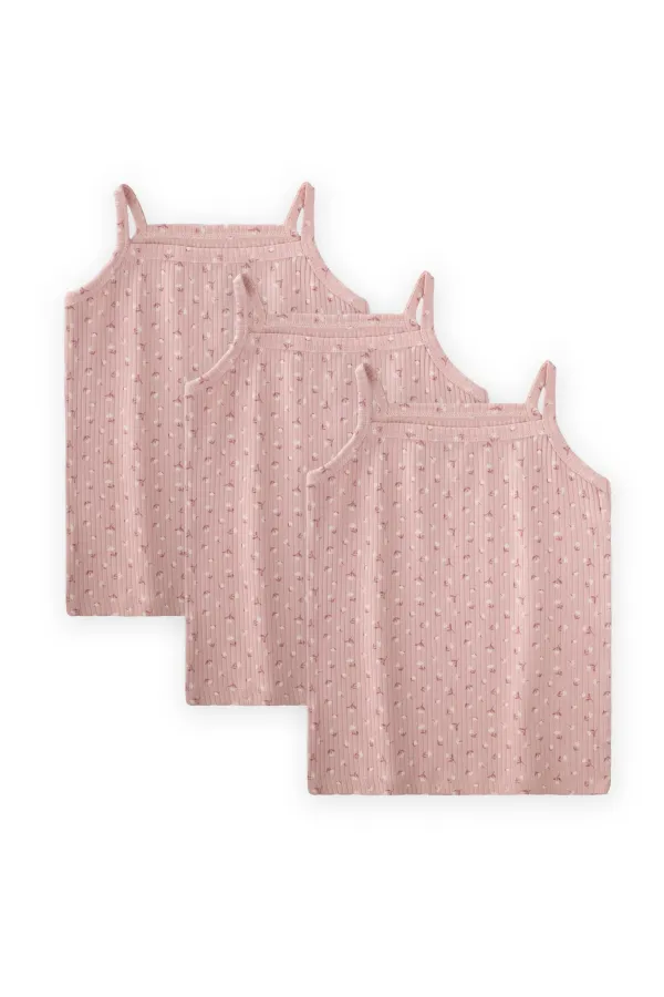 İp Askılı Kız Atlet Üçlü Pudra Çiçek Desenli