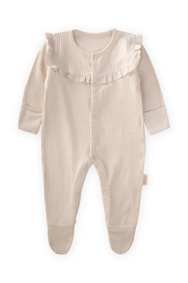 Robası Fırfırlı Ayaklı Fitilli Tulum 0-6 Ay Açık Bej