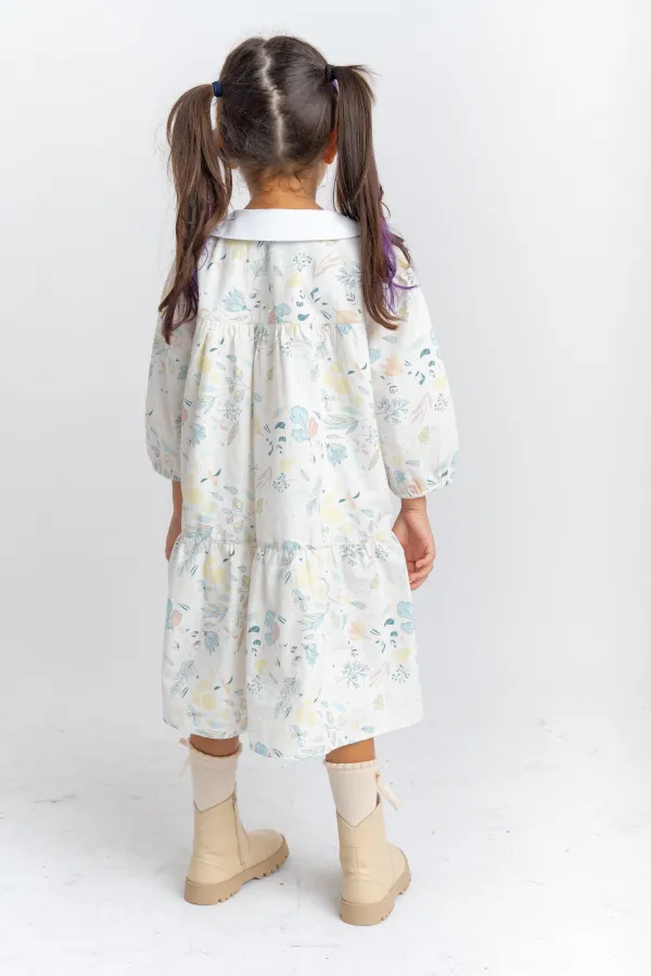 Robe en popeline brodée à col bébé pour enfants de 2 à 7 ans, motif écru