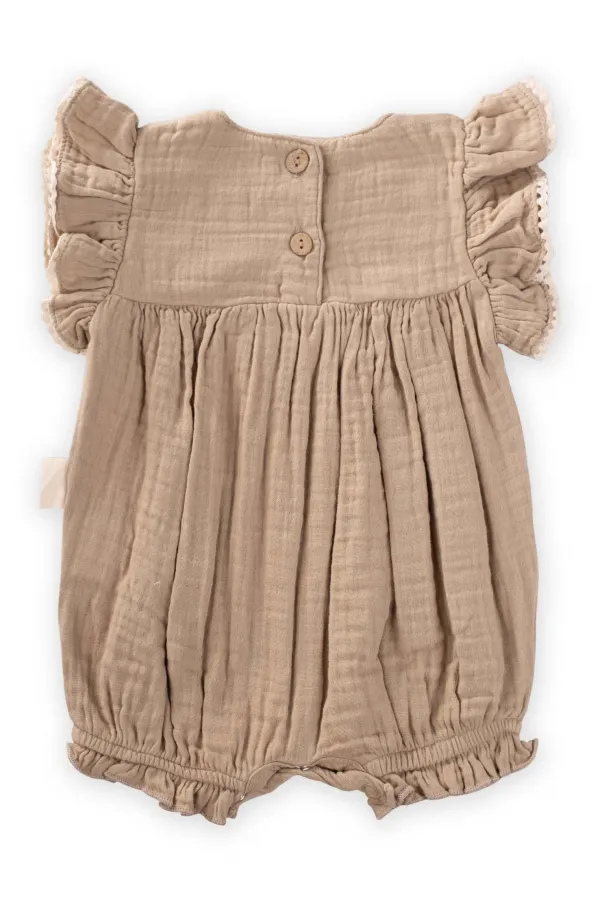 Çiçek Nakışlı Dantelli Müslin Tulum 0-3 Yaş Vizon