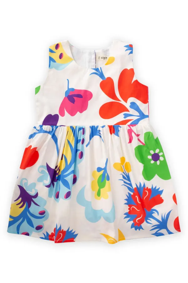 Çiçek Baskılı Elbise 2-7 Yaş Ekru