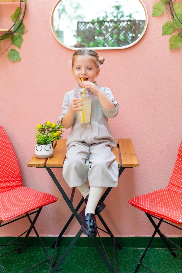 Yakalı Pileli Tencel Tulum 2-7 Yaş Bej