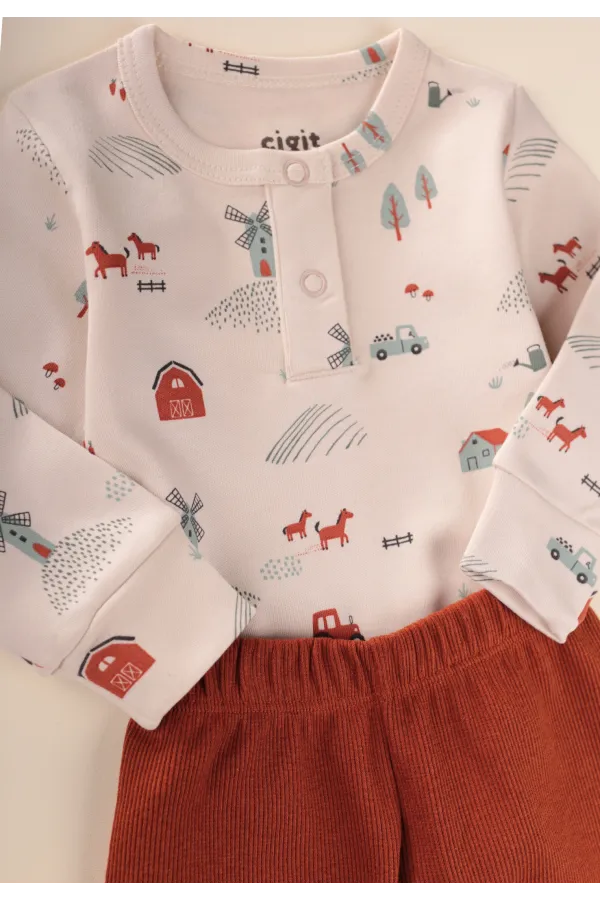 Farm Patterned Bodysuit Set for 0-3 Years Old Beige
