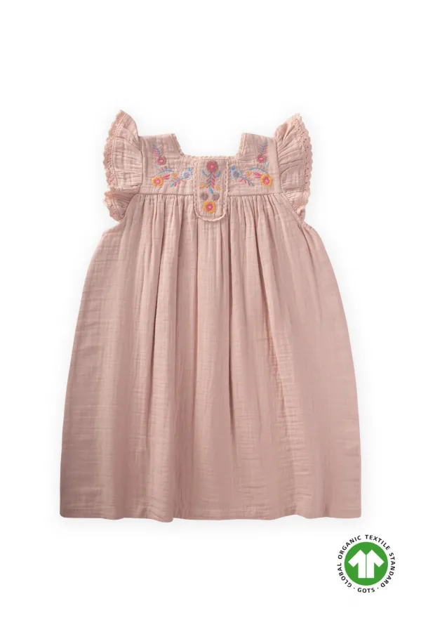 Nakışlı Organik Müslin Elbise 2-8 Yaş Pudra Pembe