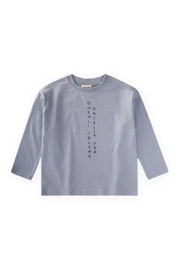 Sloganlı Uzun Kollu T-Shirt 2-10 Yaş Pastel Mavi