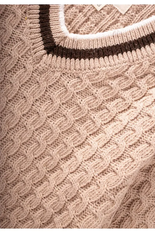 Saç Örgü V Yaka Kazak 2-9 Yaş Bej