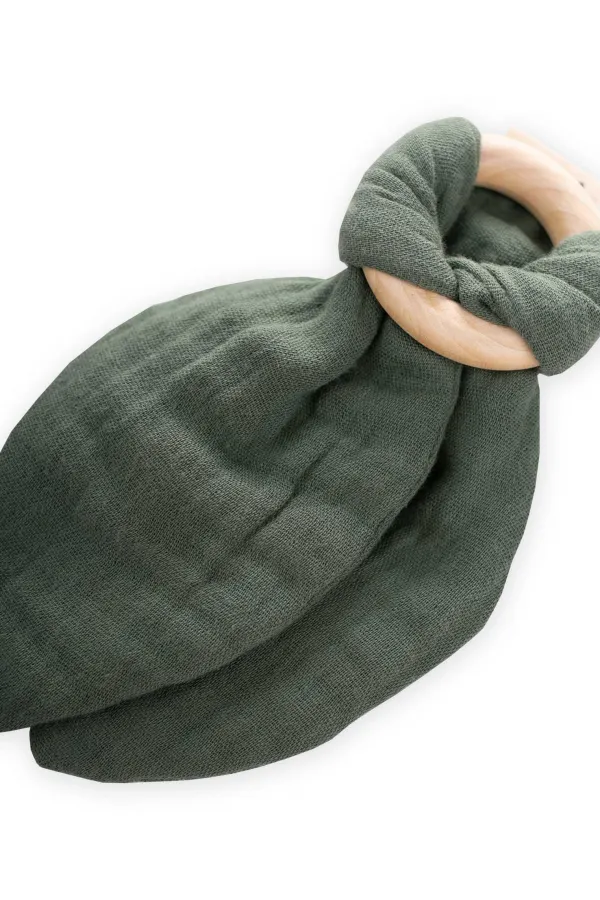 Wooden Muslin Fabric Teether Khaki Green