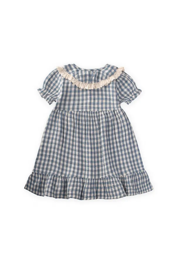 Pöti Kareli Yakalı Elbise 2-10 Yaş İndigo Mavi