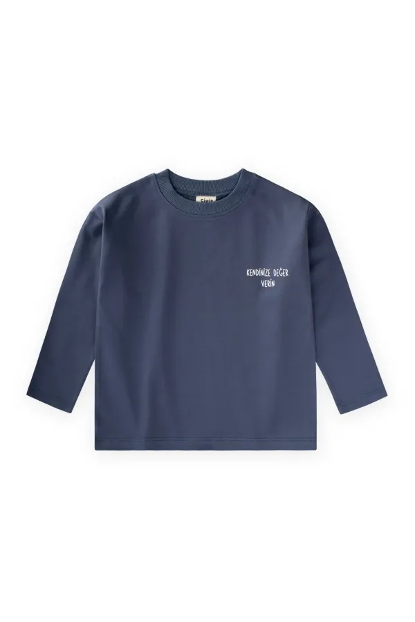 T-shirt à manches longues avec slogan, 2-10 ans, bleu indigo