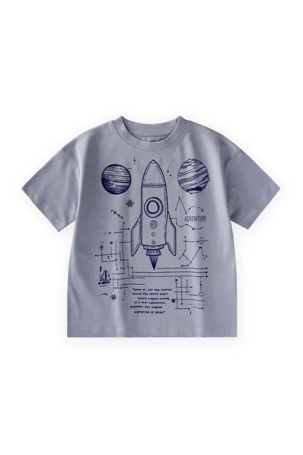 Roket Baskılı T-Shirt 2-12 Yaş Pastel Mavi