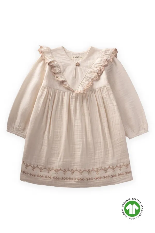 Organik Etnik Nakışlı Müslin Elbise 1-8 Yaş Naturel