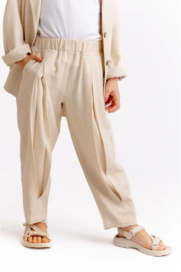Pantalon en lin plissé, jambes et taille fermées, 2-7 ans, naturel