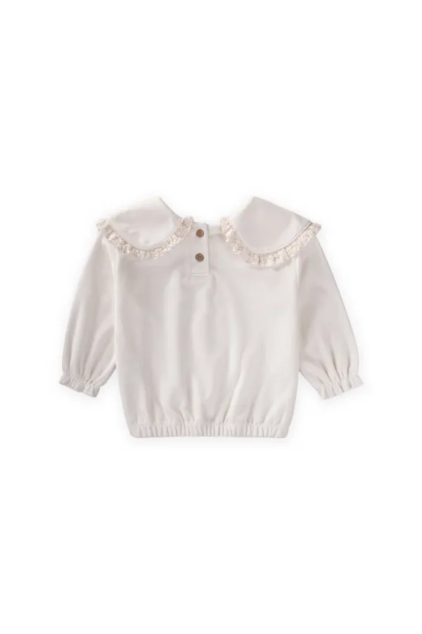Top vintage en velours avec col en dentelle, 2-8 ans, blanc