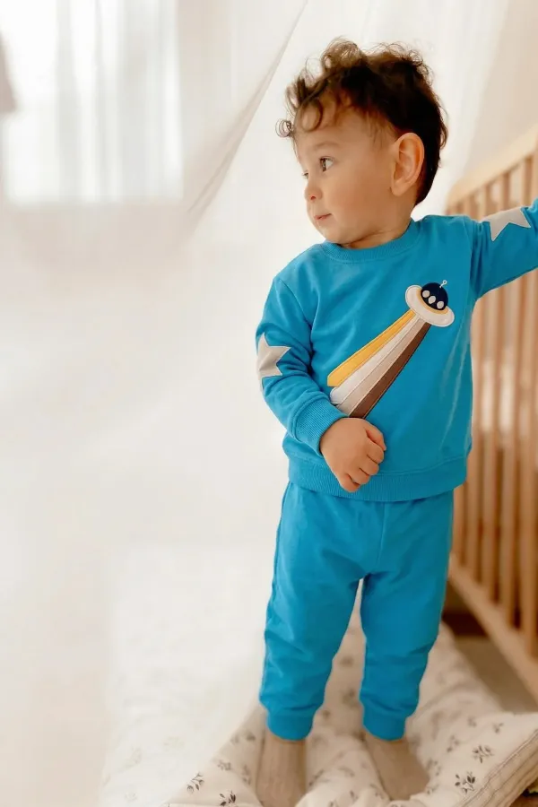 Uzay Aracı Aplikeli Pijama Takım 2-8 Yaş Mavi