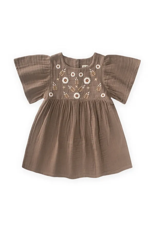 Robe à manches papillon brodée de fleurs, 2-8 ans, couleur vison