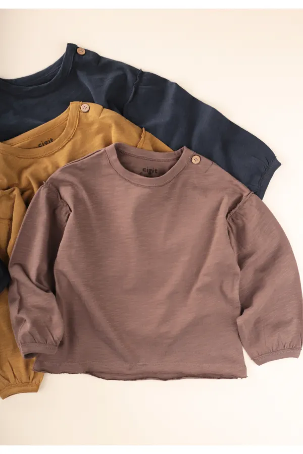 Fırçalı Rustik Uzun Kollu T-Shırt 1-7 Yaş Vizon