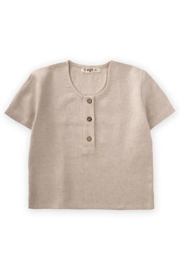 Yarım Patlı Keten Bluz 2-7 Yaş Naturel