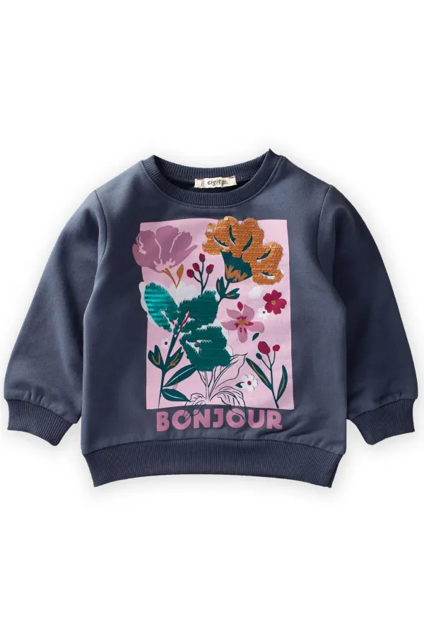 Çiçek Basdkılı Pullu Sweatshirt 1-6 Yaş Lacivert