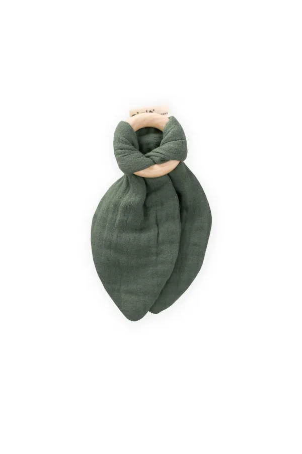 Wooden Muslin Fabric Teether Khaki Green