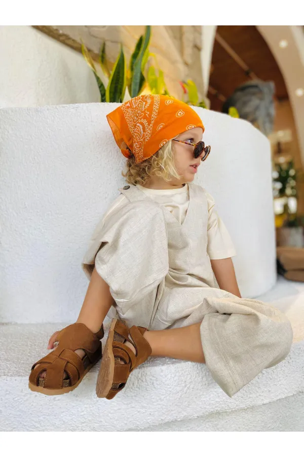 Salopette en lin à col V élastiqué, couleur naturelle, 2-7 ans