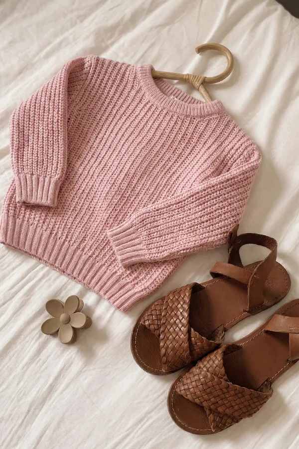 Bisiklet Yaka Selanik Triko Kazak 2-8 Yaş Pudra Pembe