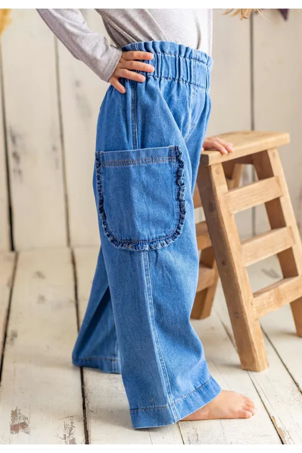 Jean coupe ample à poches à volants, bleu, 2-7 ans