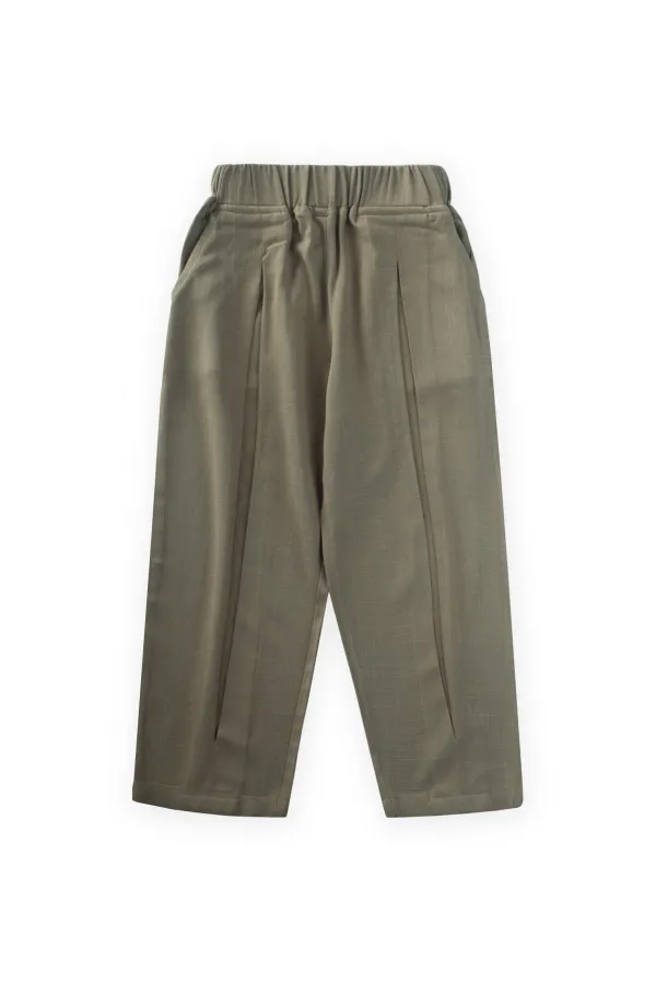 A Pleated Linen Trousers with Closed Legs and Waist, Khaki Green for Ages 2-7