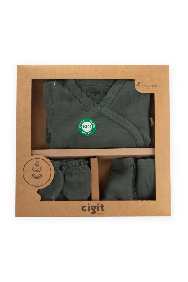 Organik Hastane Çıkışı Bebek Takımı 0-3 Ay Haki Yeşil
