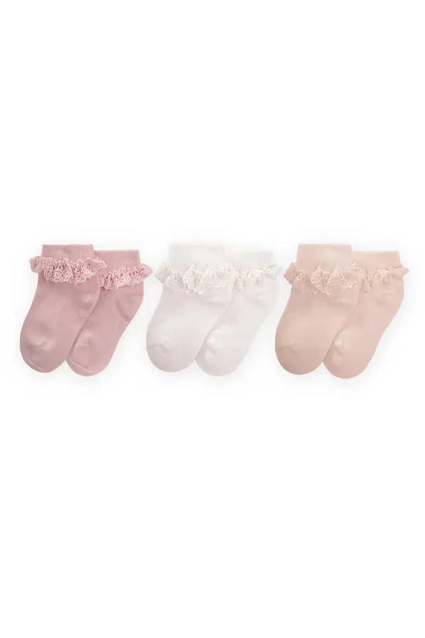 Triple Lace Baby Bootie Socks 0-4 Years Powder Pink, Sand, White