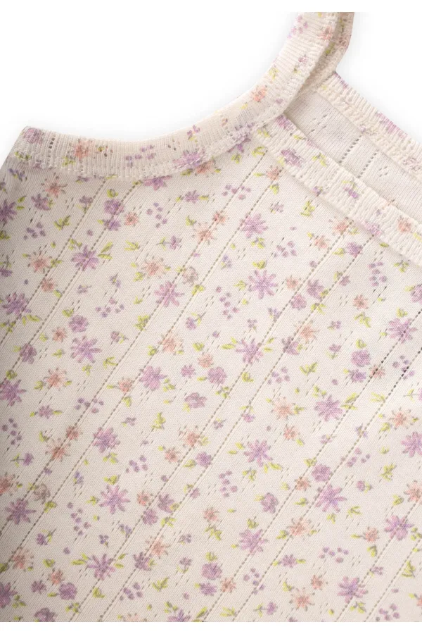 İkili İp Askılı Kız Atlet 2-11 Yaş Ekru Lila Çiçek Desen