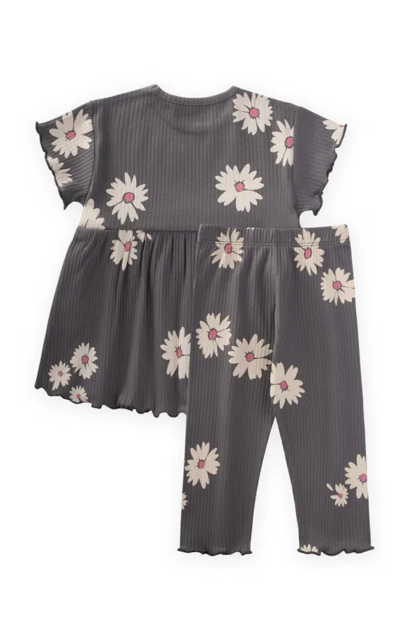 Desenli Fitilli Tunik Takım 1-8 Yaş Gri