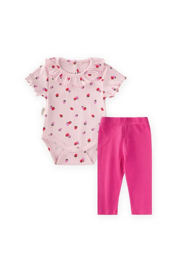 Baby Collar Ribbed Bodysuit Set 0-3 Years Strawberry Pattern