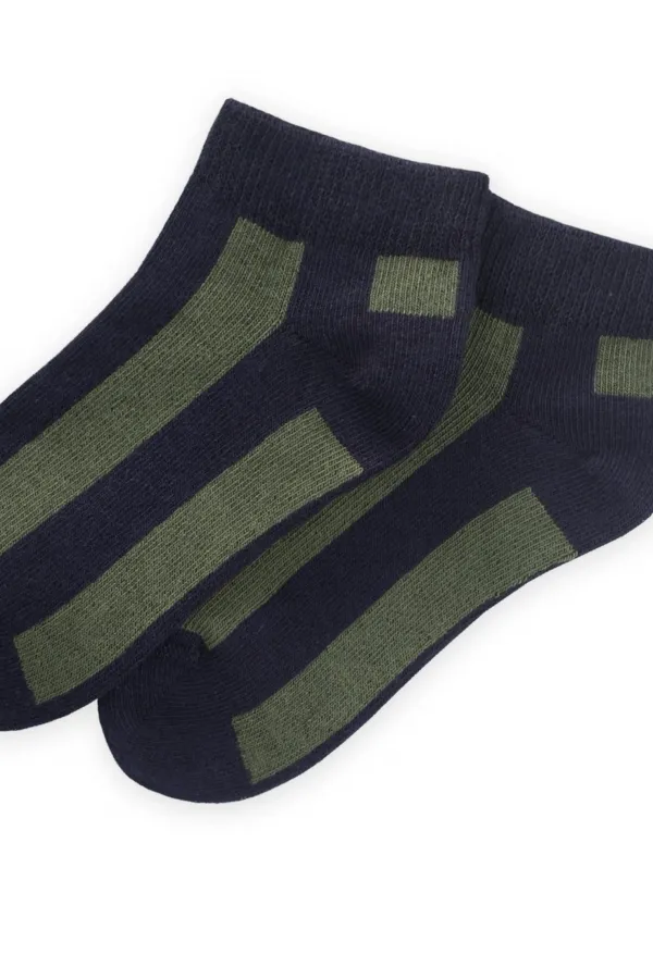 Kalın Çizgili Çocuk Patik Çorabı 5-12 Yaş Lacivert-Haki Yeşil