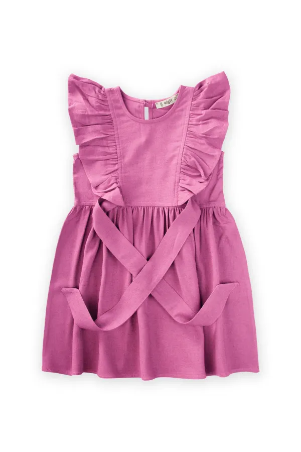 Yanları Bağcıklı Keten elbise 2-7 Yaş Pembe