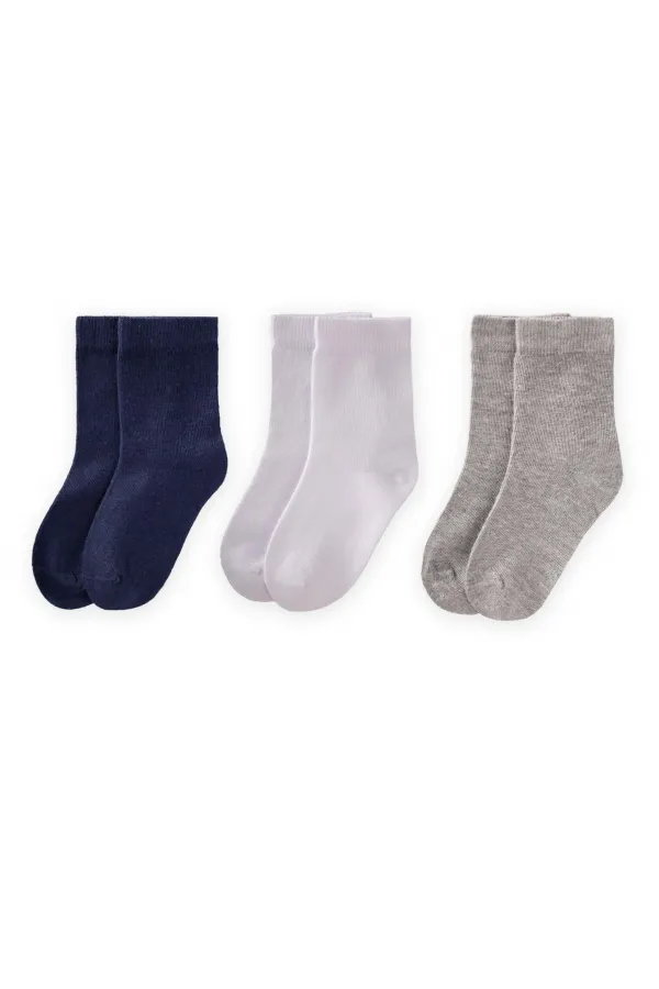 Three-Pack Kids' Socks, Ages 3-10, Navy, Grey, White