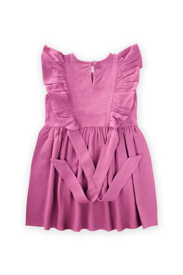 Yanları Bağcıklı Keten elbise 2-7 Yaş Pembe