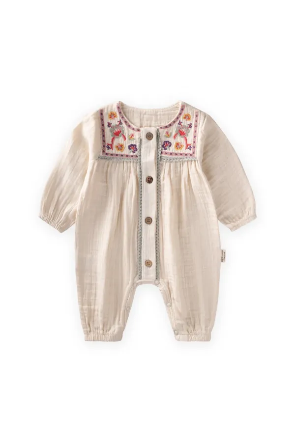 Müslin Nakışlı Tulum 0-3 Yaş Naturel