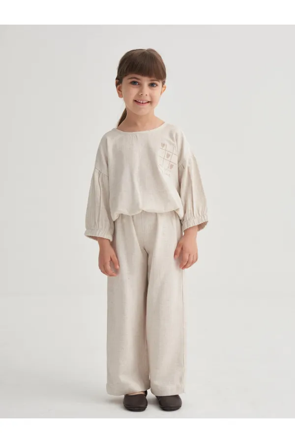 Wide-leg Trousers Embroidered Linen Set, Ages 2-7, Natural