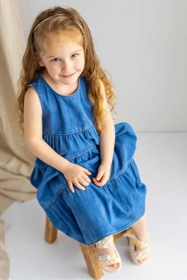Katlı Kot Elbise 2-7 Yaş Mavi