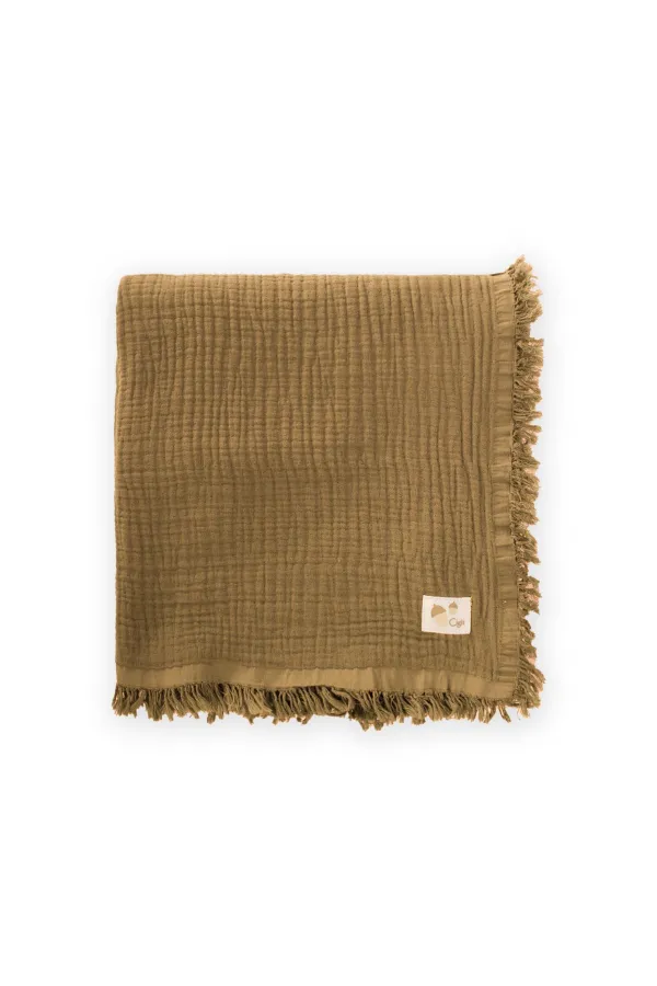 Couverture à pompons tricotée à quatre couches 80 x 120 cm Jaune moutarde