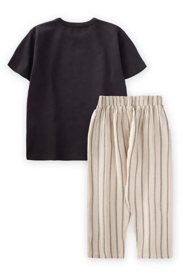 Bisiklet Baskılı Çizgili Müslin Pantolonlu Takım 2-10 Yaş Siyah