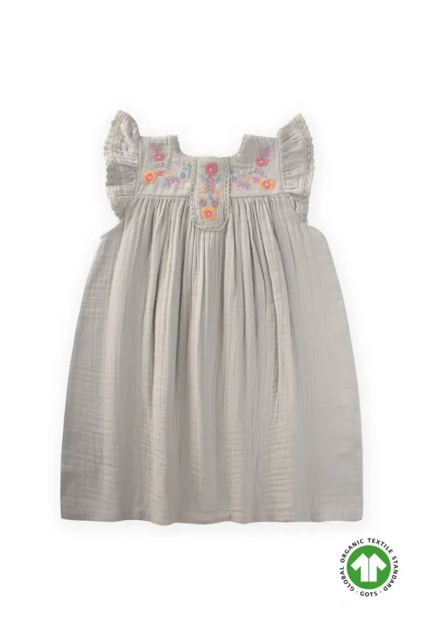 Nakışlı Organik Müslin Elbise 2-8 Yaş Su Yeşili