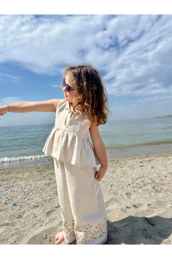 Linen Suit with Embroidered Legs for 2-7 Years Old Natural