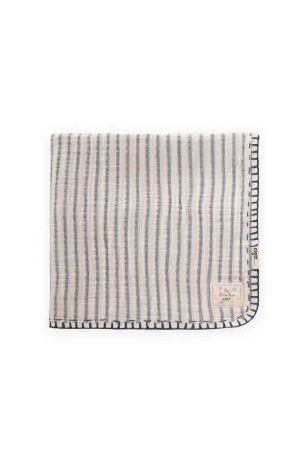 Double Layer Handmade Muslin Triangle Towel (Washed) 75X75 cm Indigo Striped