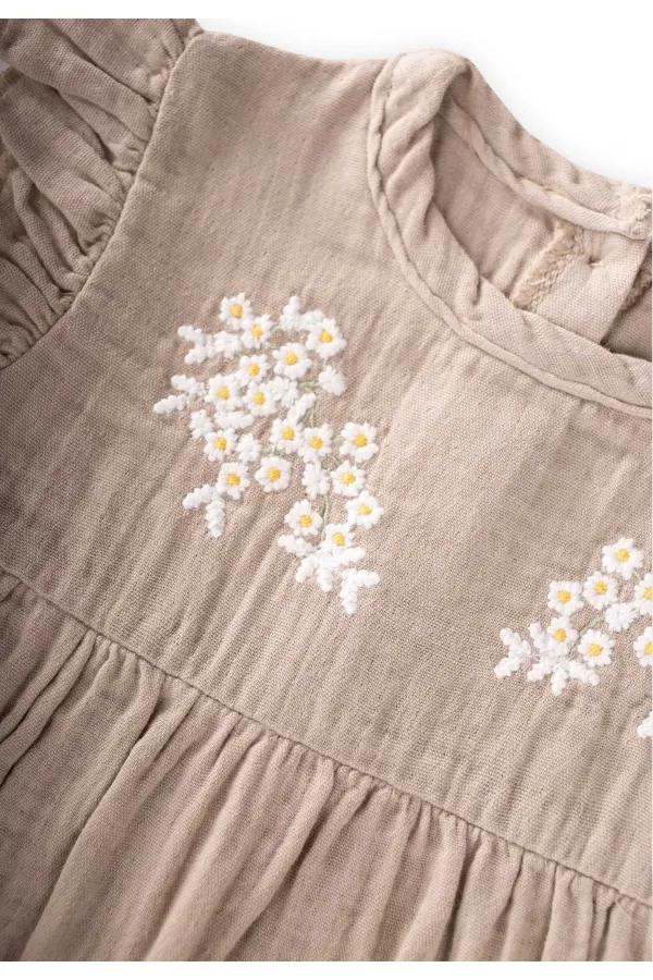 Daisy Embroidered Romper, 0-3 Years Old, Mink